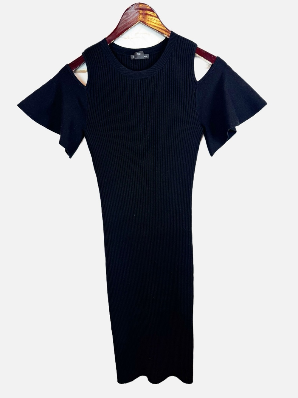 Club Monaco | Black Ribbed Cold Shoulder Sweater Dress, S